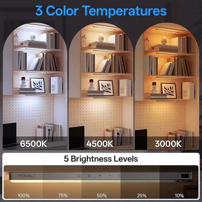 5-Pack Under Cabinet Lighting Wireless Motion Sensor Light Indoor | 14.2inch Rechargeable,3Color Dimmable,Power Display,LED Closet Light Magnetic with Remote,Under Counter Lights for Kitchen