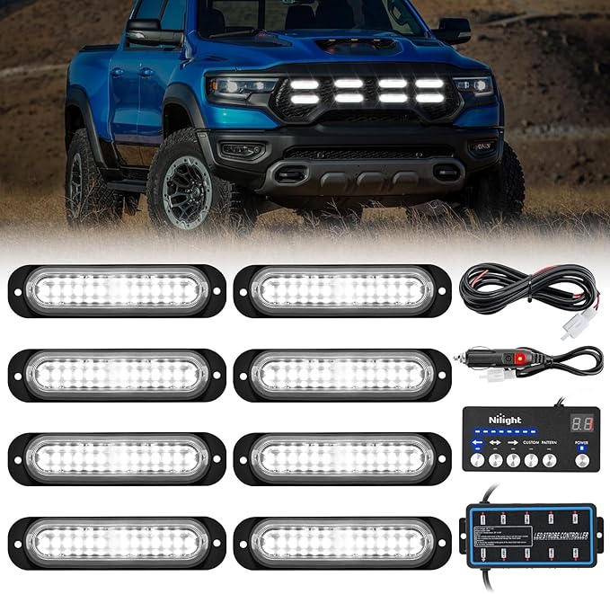 Nilight 8PCS Led Strobe Lights with Controller 12V 24V Sync Feature White Strobe Light 12 LED Surface Mount Emergency Hazard Warning Lights with Strobe Controller for Vehicle Car Truck RV ATV