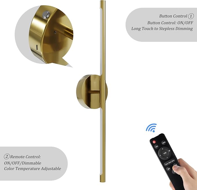 40" Battery Operated Wall Sconce Set of 2, 350° Rotating Lamp, Gold | Wireless, 8000mAh Rechargeable Battery, Stepless Dimming, 3000K-6000K, Remote & Touch Control, Timer, Living Room, Bedroom