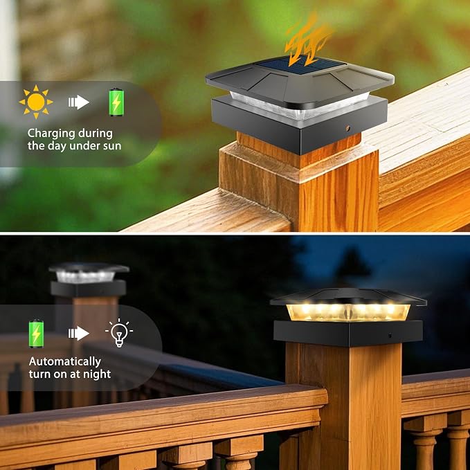 4x4 Solar Post Cap Lights Outdoor with 3 Lighting Modes, 2 Packs LED Post Light Solar Powered Waterproof, Fence Deck Lights for 4×4/3.5×3.5 Wood/Vinyl Posts