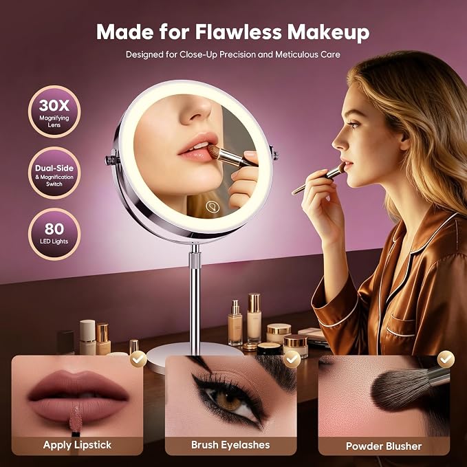1X/30X Makeup Mirror with Lights, Brightness Adjustable with 3 Colors, Double Sided Magnifying Mirror with 360° Rotation, Lighted Makeup Mirror with Magnification, Ideal Gift for Women