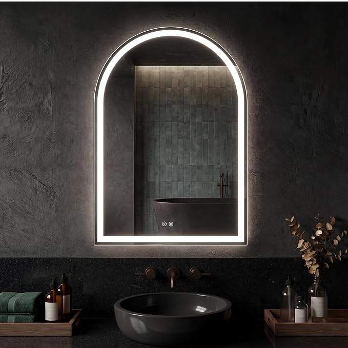 DUMOS 24"x36" LED Bathroom Mirror with Lights, Arched Vanity Mirror | Anti-Fog, Dimmable, 3-Color Light, Memory Function, Front Light and Backlit, Tempered Glass