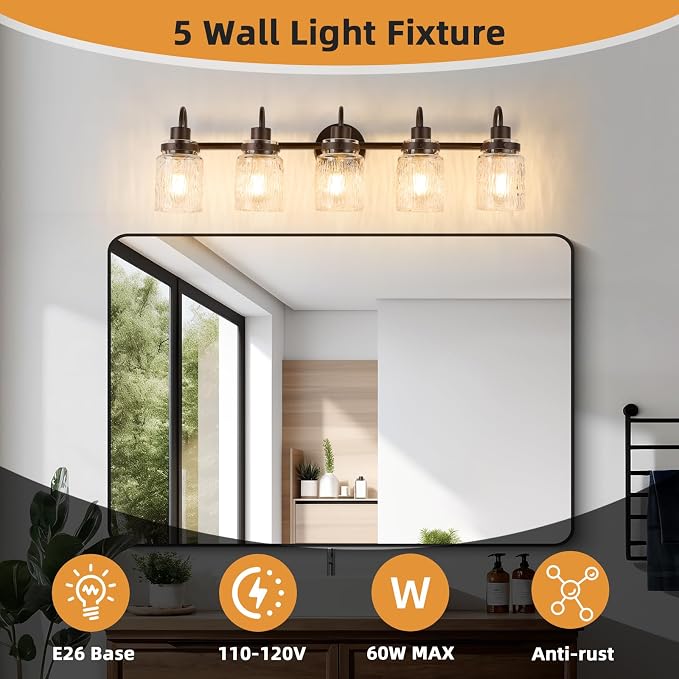 5 Lights Hammered Glass Bathroom Vanity Light, Oil Rubbed Bronze | Easy Installation,Up or Down,Farmhouse Modern Style,E26 Socket,ETL Certification