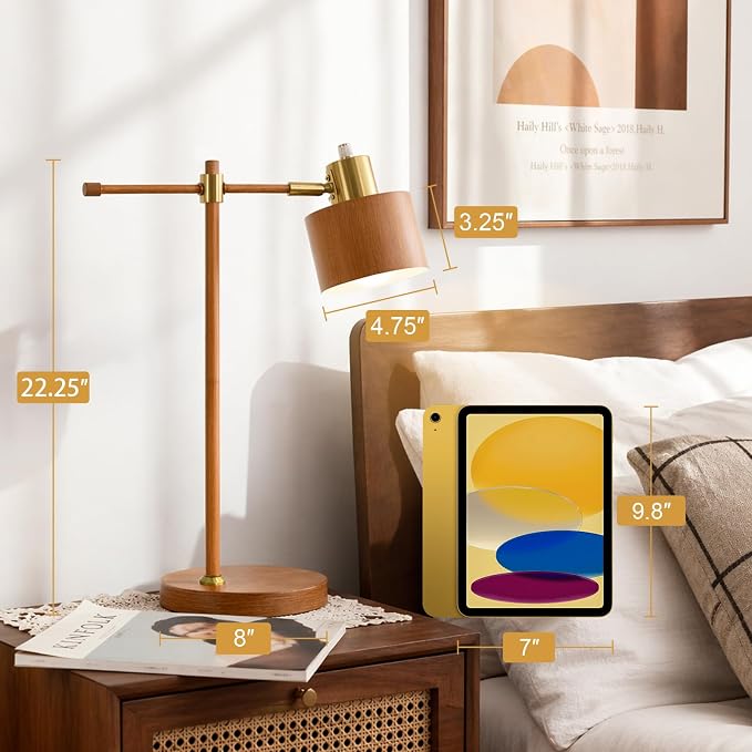 22.2" Mid Century Desk Lamp, Modern Metal Table Lamp with LED Bulb, Adjustable Reading Lamps, Industrial Task Lamp for Home Office, Farmhouse Bedside Lamps with Solid Base, Woodgrain