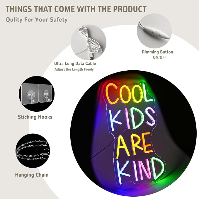 Cool Kids Are Kind Neon Sign for Classroom Colorful Letter Neon Lights Classroom Decor Reading Neon Light Sign for Bedroom Library Kids Room Study Room Decoration