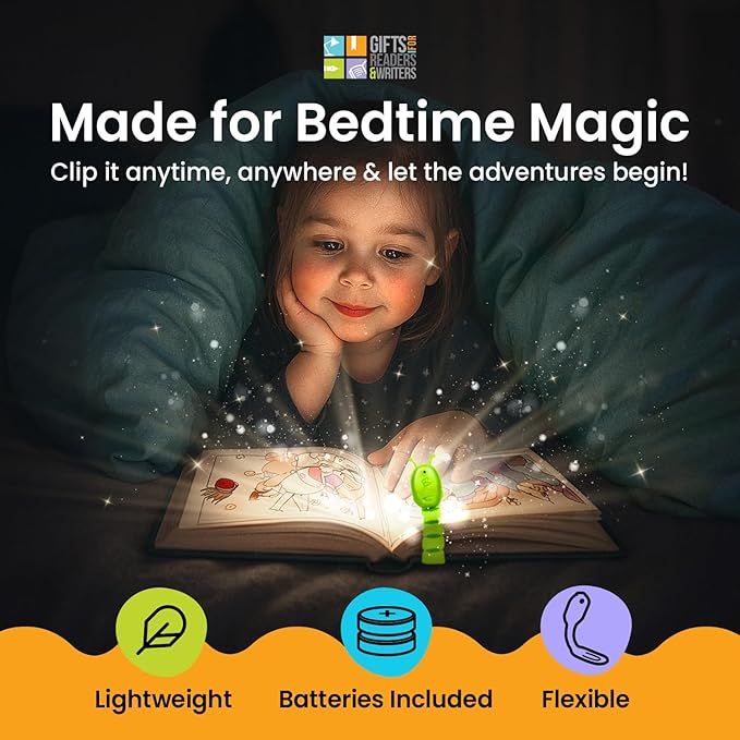 Gifts for Readers & Writers Book Light for Kids, Clip On Reading Light for Bed, 2in1 Flexilight Pals & Bookmark, Small & Lightweight with a Soft Glow, 2 Batteries Included, Bookworm Green