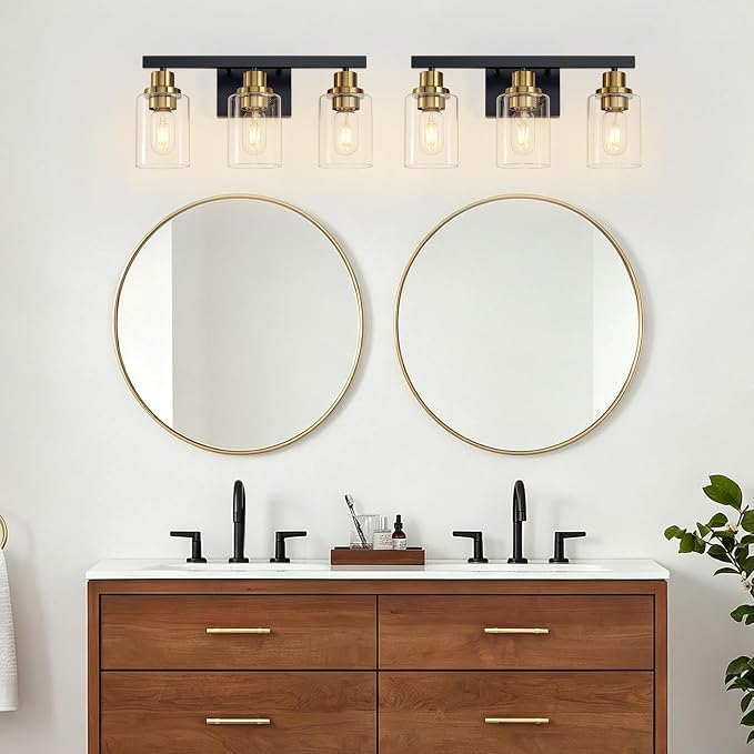 3-Light Bathroom Light Fixtures,Black and Gold Vanity Lights 17" | Modern Wall Sconce Lighting,Vanity Light Over Mirror with Clear Glass Shade,Farmhous Wall Mounted for Bathroom,E26 Base