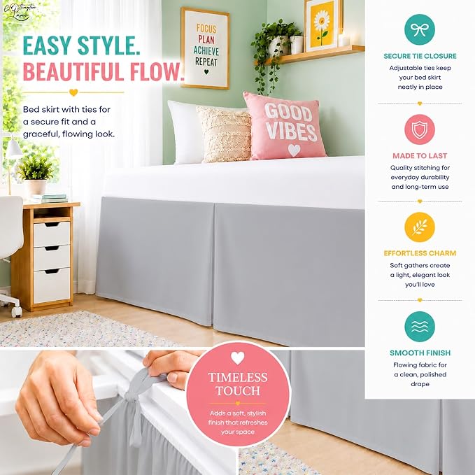Cottington Lane Tailored Box Pleated College Dorm Bed Skirt Twin XL, Hotel Quality Premium Brushed Microfiber Extra Long Bedskirt Twin XL 25 Inch Drop, Light Grey Dorm Bedding