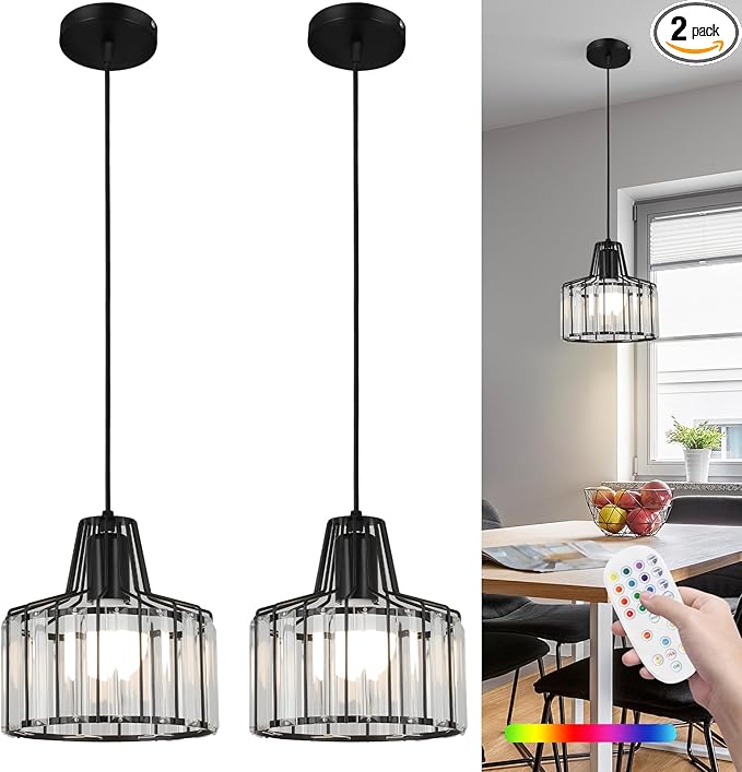 Battery Operated Pendant Lights,Rechargeable Pendant Light with Remote,Crystal LED Pendant Light Fixtures for Kitchen Island,Black Modern Hanging Lights for Bedroom,Dining Room Hallway Entryway