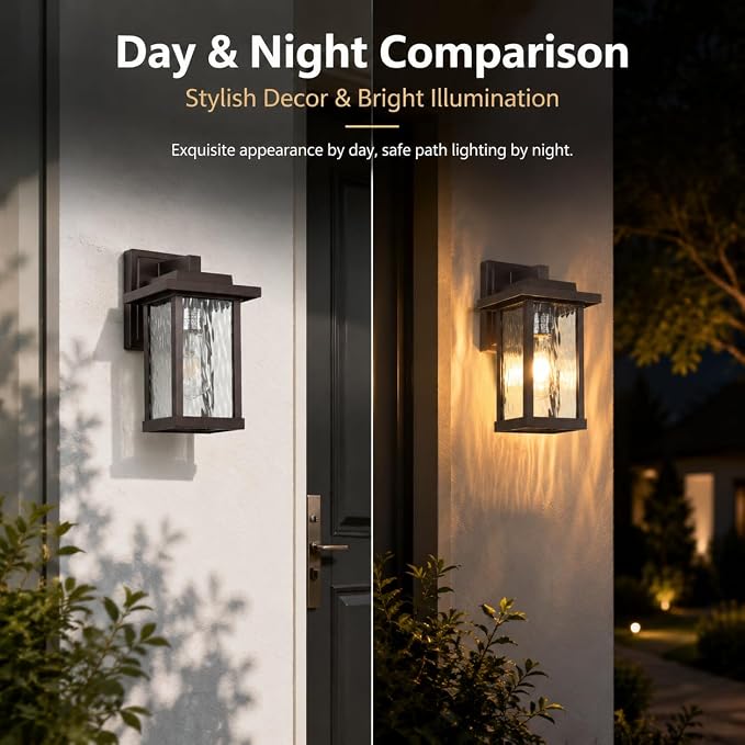 Brown Outdoor Wall Light Fixtures with Water Ripple Glass, 2-Pack