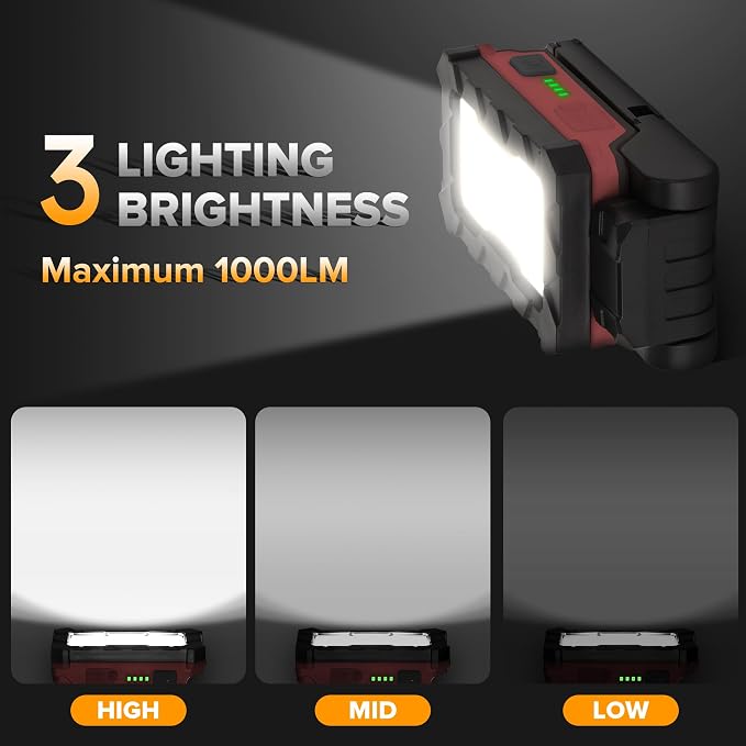 LUTEC Rechargeable Work Light, 1000 Lumens LED Magnetic Light with Magnetic Base and Hanging Hook，360°Rotate and 200°Swivel for Car Repair, Emergency and Camping-2 Pack (Red)