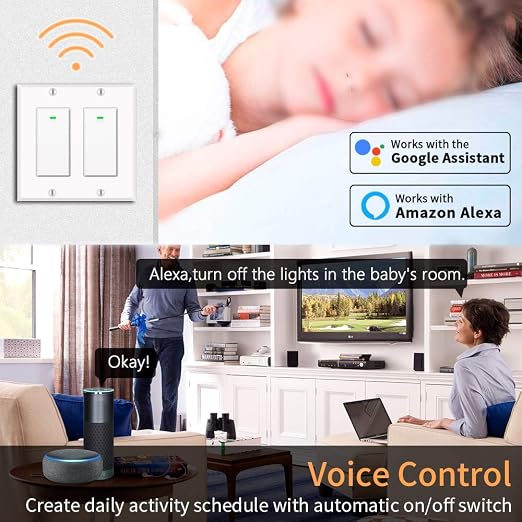 Smart Light Switch, Compatible with Alexa, Google Assistant, IFTTT, WiFi Light, Neutral Wire Required, Schedule Setting APP Remote Control, ETL, No Hub Required (2 Gang Smart Switch)