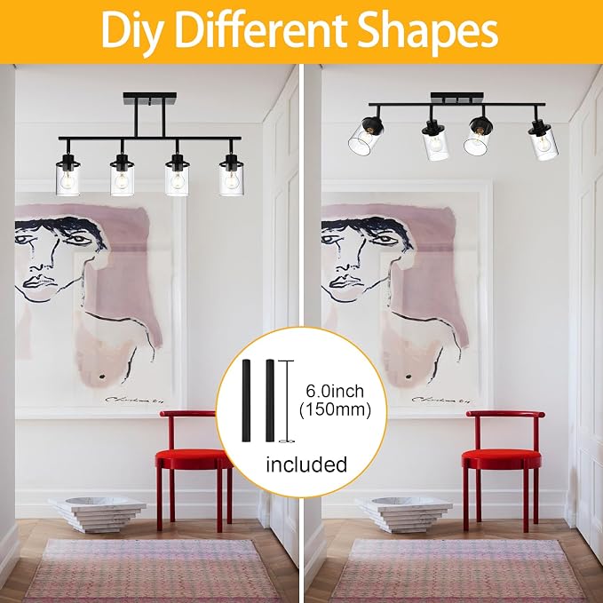 Yaohong 4-Light Black Farmhouse Track Lighting Fixtures Ceiling, Bathroom Track Lighting Kit Wall Light with Ajustable Heads, Kitchen Track Lighting Fixtures with Glass Shade for Hallway Shop