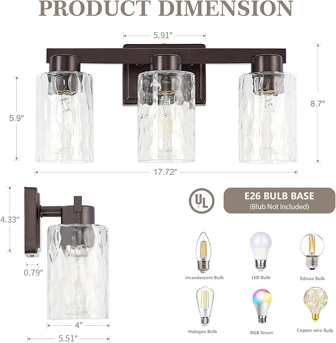 3-Light Bathroom Light Fixtures Modern Oil Rubbed Bronze Vanity Lights with Water Ripple Glass Wall Sconces Over Mirror for Bathroom, Powder Room, Living Room