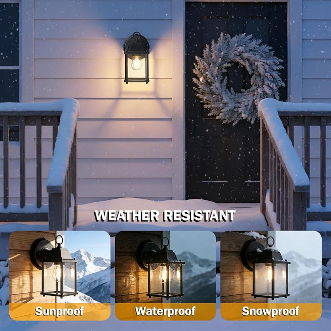 Outdoor Wall Light Fixture, Rustproof Aluminum, Clear Glass | Dusk to Dawn Exterior Porch Light Wall Sconce Lantern for House, Patio, Garage, Waterproof, E26 Socket 60W Max, Black, 2 Pack