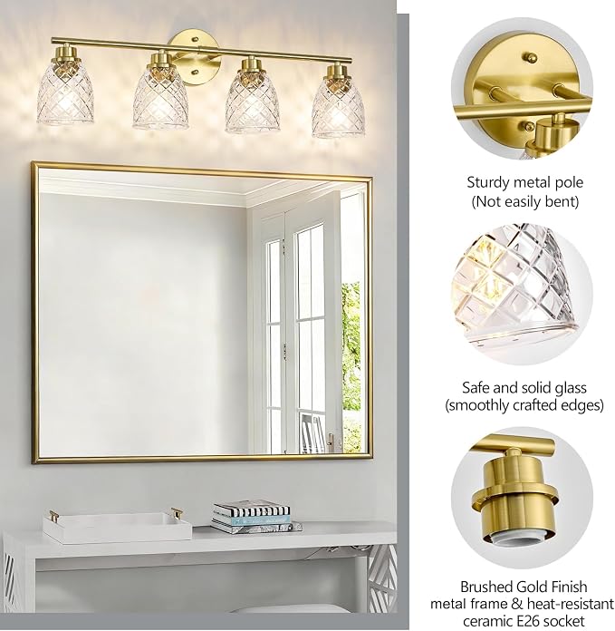 4-Light Vanity Light Over Mirror, Brushed Gold Bathroom Light Fixtures | Modern Farmhouse Wall Sconces with Hammered Glass Lampshade for Kitchen Hallway Bedroom Living Room Cabinet Porch-27.5IN