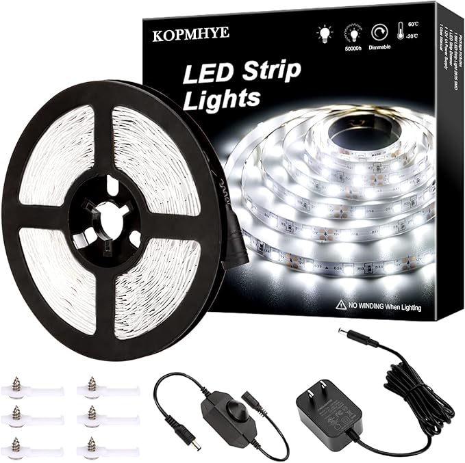KOPMHYE 5M Dimmable LED Strip Lights Kits, 12V Tape Light, 300 2835 LED, 16.4ft 6000K Daylight White Ribbon with Power Adapter, Light Strips for Under Bed, Vanity Mirror, Cabinet, Non-Waterproof