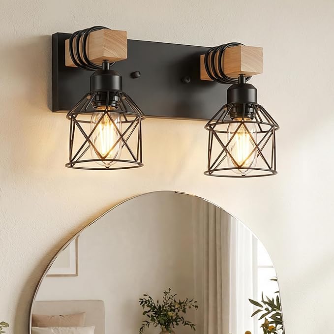 2-Light Farmhouse Vanity Light Fixture, Wood Bathroom Light Fixtures Over Mirror, Industrial Black Vanity Light with Metal Lampshade for Bedroom Hallway Living Room
