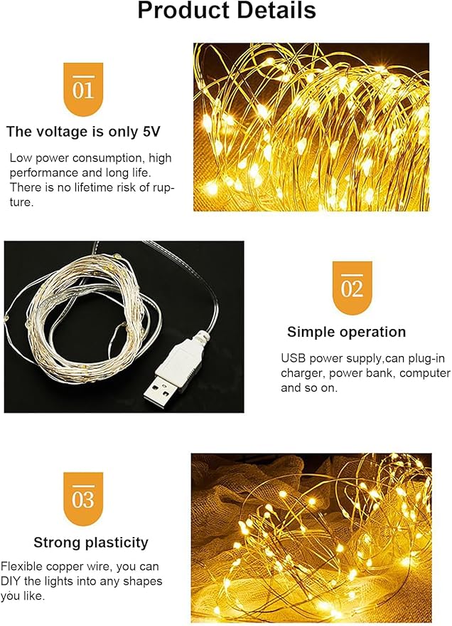 Sokelinn-six 2m 20 LEDs Fairy String Lights, USB Powered String Light for Desk Office Christmas Tree Party Decoration (Warm, 5)