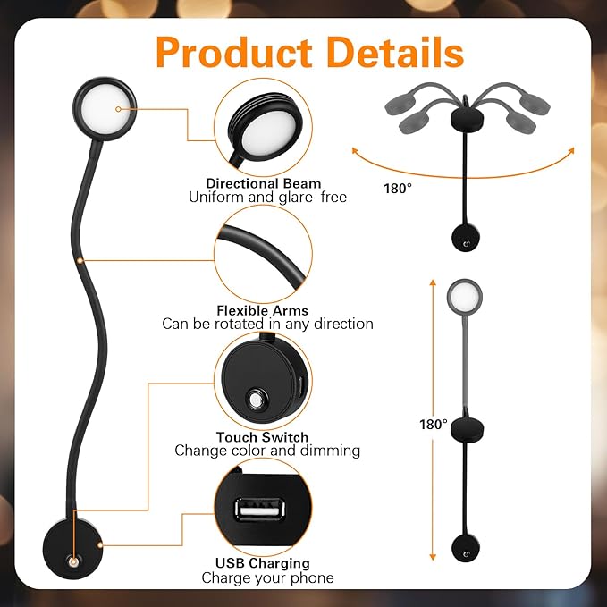 2 Pieces 12v Rv Reading Light Bedside Lamp Dimmable Wall Mounted Reading Light with USB Charging 3000k Warm White Flexible Gooseneck Bed Lamp for for Rv Interior Camper Van Boat (Black)