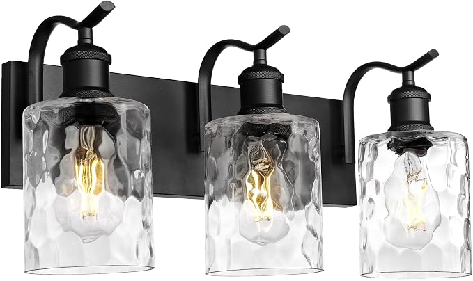 3-Light 20 Inch Bathroom Vanity Light,Hammered Glass,Black | Over Mirror Wall Light,E26 sockets,for bathroom mirror,powder room,dressing area,wall-mounted vanity lighting