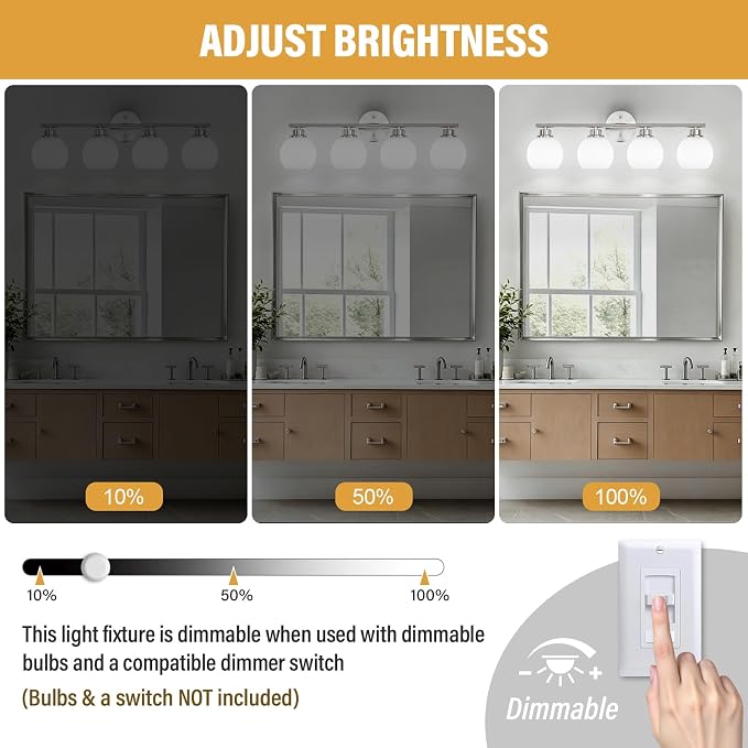 Brushed Nickel Bathroom Light Fixtures, 4-Light Vanity Light Over Mirror | Modern Bathroom Lighting Over Mirror, Wall Sconces, Milky White Globe Glass Shades, E26 Socket,ETL Listed