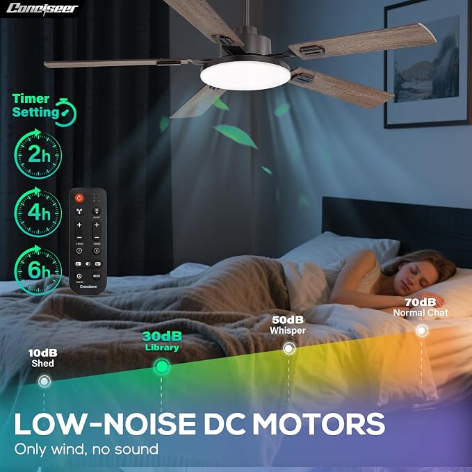 Conciseer 52 Inch Ceiling Fans with Lights and Remote for Bedroom Living Room Kitchen Office, Indoor/Outdoor Use, 6CCT Dimmable, 5 Blades 6 Speed Reversible Quiet DC Motor, Brown/Wood Grain