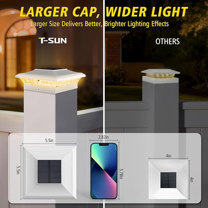 T-SUN Solar Post Cap Lights with Auto-Change Colors- for Vinyl/Wooden Posts Weatherproof Outdoor Solar Fence Post Lights for Deck, Porch, Garden & Stairs(12-Pack,RGB)