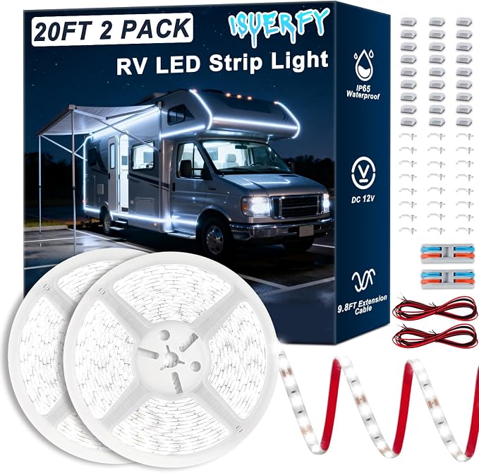 IP65 40FT RV Awning LED Light Strip 12V for Exterior RV Capony Camper | Camper Lights for Motorhome Travel Trailer Concession Stands Food Trucks, Waterproof RV Exterior Underglow, Daylight White