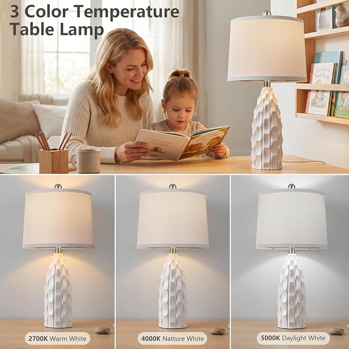 WIHTU 24" Ceramic Table Lamps Set of 2, Modern Nightstand Light, White | Linen Shade, 3 Color Temps, Farmhouse/Boho Style, Bedroom/Living Room/Office decor, Ideal Gifts, 2 Bulbs Included, E26 Base