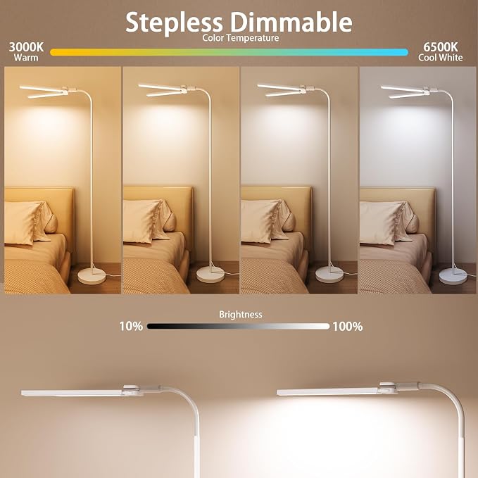 LED Floor Lamp, 24W Dual Head Dimmable Standing Lamp with Remote & Touch Control, Adjustable Gooseneck, 3000K-6500K Modern Reading Lamp for Living Room, Bedroom, Office & Crafts
