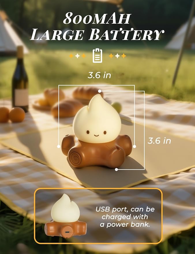 Campfire Night Light with White Noise, Rechargeable, Cute Gifts | Kids Camping Essentials, Chibi Cute Campfire Lamp, Portable, Sleep Aid Night Light for Kids Room Decor, Toddler Camping Trips