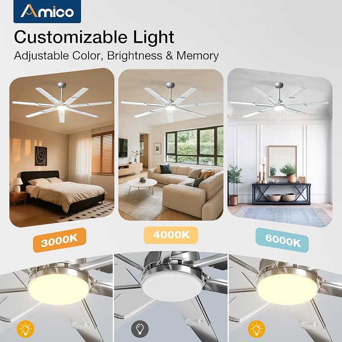 Amico 66 Inch Ceiling Fans with Lights and Remote, Nickel | 6 Speed Reversible DC Motor, 3CCT, Dimmable, Quiet, Timer, Large Modern Ceiling Fan for Living room, Indoor/Outdoor