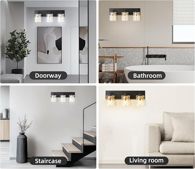 3 Lights Matte Black Crystal Bathroom Vanity Light,Modern Bathroom Wall Light,Crystal Over Mirror Light Fixtures for Living Room, Bedroom, Hallway