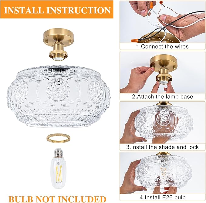 Semi Flush Mount Ceiling Light Fixture - Brass & Floral Glass Shade, Vintage Modern Lighting for Entryway, Bathroom, Kitchen, Bedroom (Bulb Not Included)