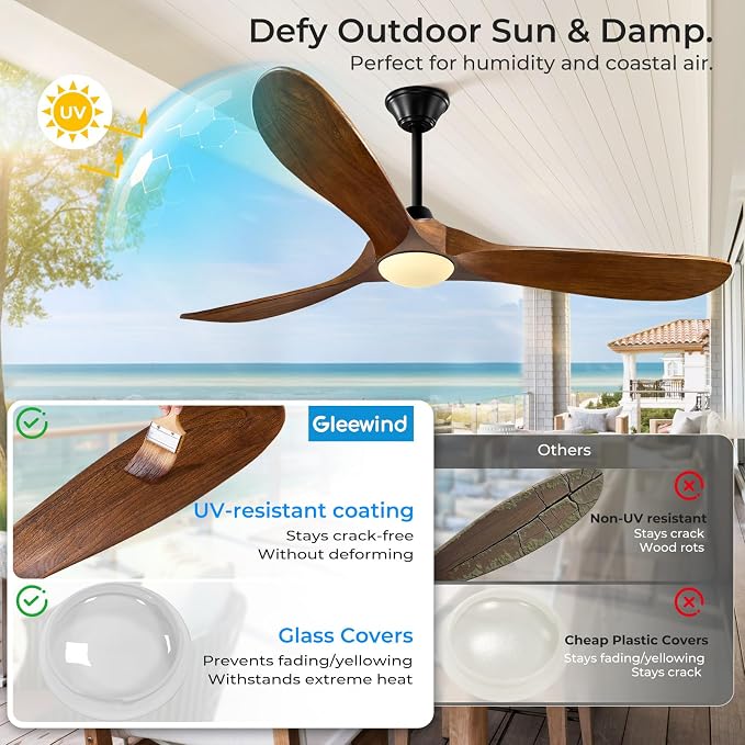 Outdoor Ceiling Fan with Light-Glass Lamp, 52 inch 3 Blade Wood Propeller Ceiling Fans with Lights and Remote Control for Patios, Exterior Damp Rated High CFM Ceiling Fans Modern Smart APP, Walnut