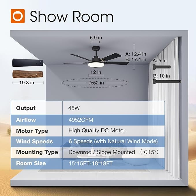 addlon 52 Inch Ceiling Fans with Lights and Remote Control, Wall Switch | Reversible DC motor, 6-speed, Timer, 3CCT Dimmable, Quiet, Black Ceiling Fan for Bedroom, Living Room, Indoor/Outdoor Use