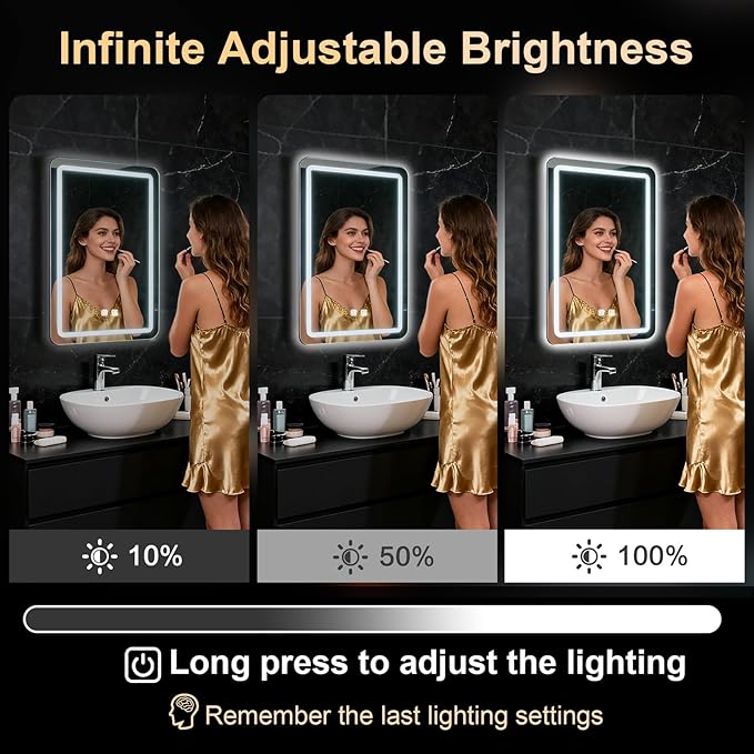 LED Bathroom Mirror, 16 x 24 Inch Anti-Fog Bathroom Mirror with Lights, Stepless Dimmable Lighted Bathroom Mirrors for Wall, Rectangle Bathroom Vanity Mirror with Front and Backlight, Vertically Only