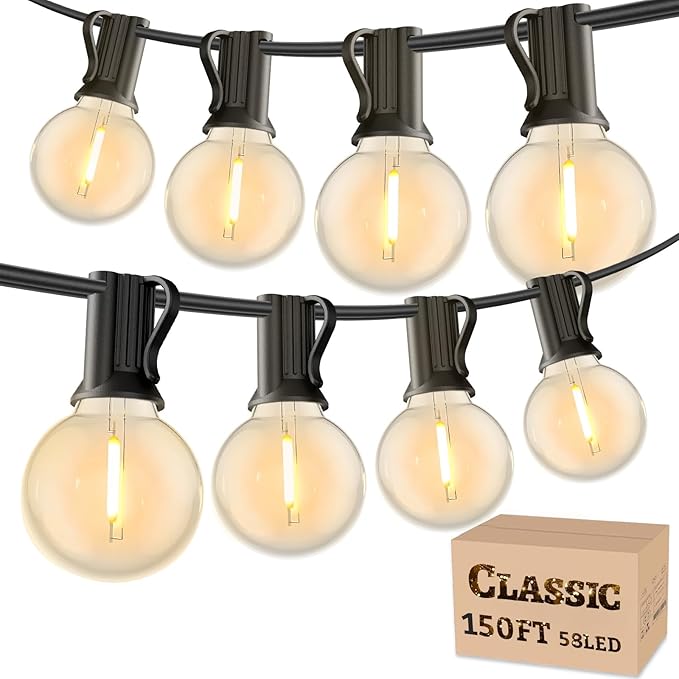 RTTY Outdoor String Lights 150ft, G40 Led Patio Globe Lights with 60pcs Plastic Bulbs, Shatterproof Waterproof Connectable Hanging for Porch Cafe Bistro Backyard Gazebo Balcony Deck Party