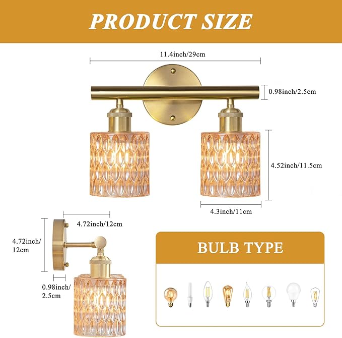 Bathroom Vanity Light, Gold Wall Fixture Over Mirror, Amber Glass Shade Lighting with Bulbs Included for Bedroom & Living Room, 2-Lights