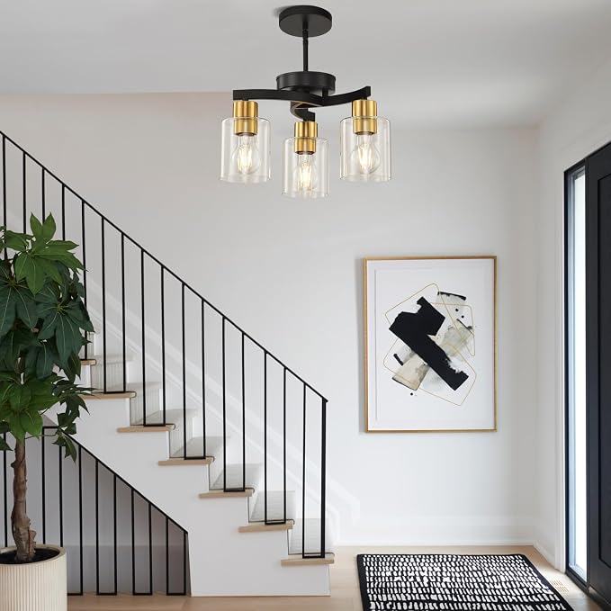 Black Brass Dining Room Chandelier, 3 Light Modern Industrial Pendant Light for Kitchen Island, Adjustable Height Ceiling Light with Clear Glass Shades,E26 Base,Dimmable