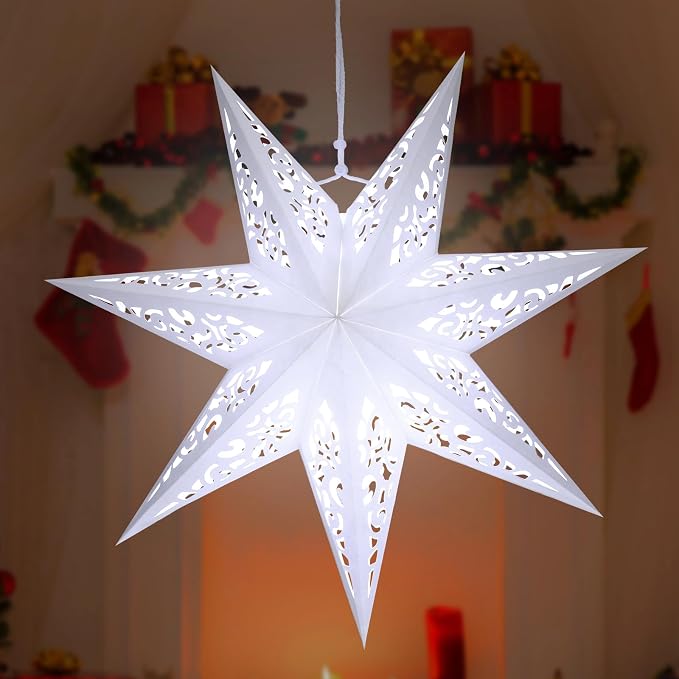 Kingdder 20 in Christmas Paper Star Lanterns Lampshade with White LED Light 7 Pointed Moroccan Hollow out Stars Hanging Party Decoration for Weddings Christmas Tree Birthday