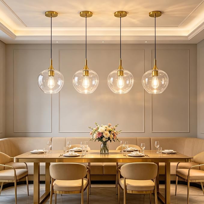 9.45in Gold Pendant Lights Kitchen Island with Clear Glass Shade 2Pack | Handcrafted Glass Pendant Light Fixtures, UL Certified, E26 Base 100W Max, Height-Adjustable, Dimmable Hanging Pendant Light