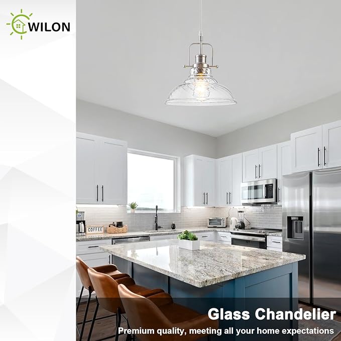 WILON Striped Glass Modern Pendant Light for Kitchen, Brushed Nickel | 11'' Striped Glass Shade, Adjustable Height, E26 Ceramic Socket, 60W MAX, Farmhouse Style for Dining Room Kitchen Over Sink