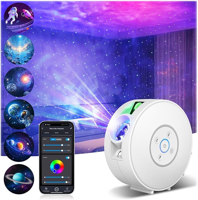 Galaxy Projector,Star Projector,Northern Lights Projector with 6 Film Discs,24H Timer,White Noises,Bluetooth Speaker,Smart APP&Voice Control,LED Starlight Night Light Projector for Kids Bedroom White
