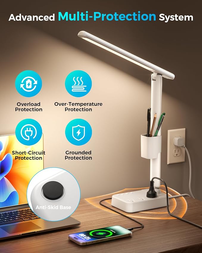 LED Desk Lamp with Power Strip, 3 AC Outlets, 4 USB Ports, Stepless Dimming | 2800K-6500K Color, 2 USB-C, Foldable Design, Timer & Memory, Study, Home Office & College Dorm, 10FT Cord