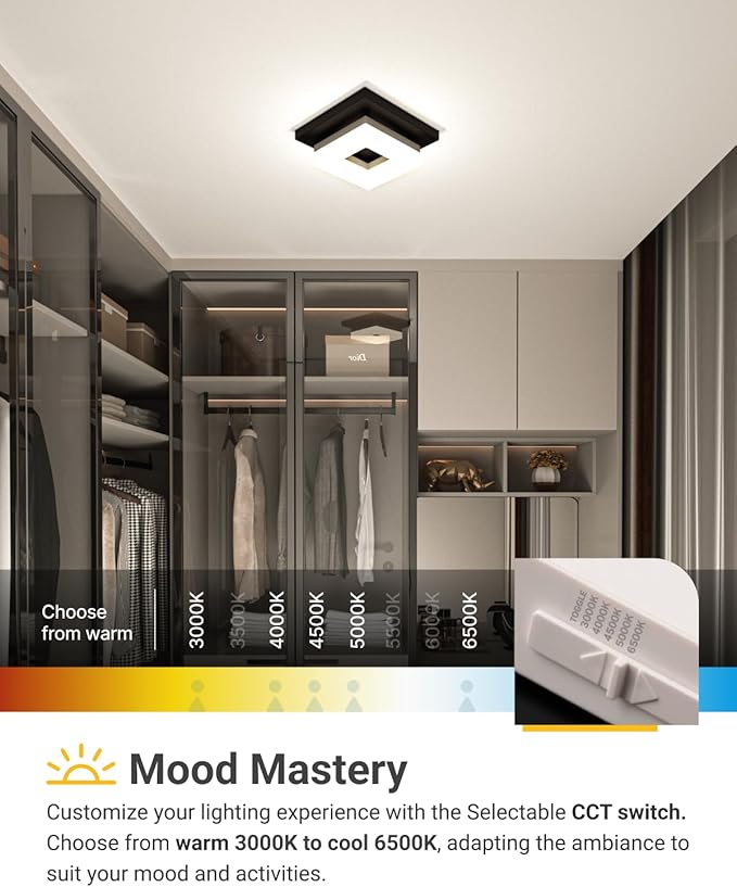 Sunco 8 Inch Square LED Flush Mount Black Ceiling Light Fixture 3000K/4000K/4500K/5000K/6500K Selectable CCT Switch, 1800LM High Brightness Damp Rated 2 Pack.