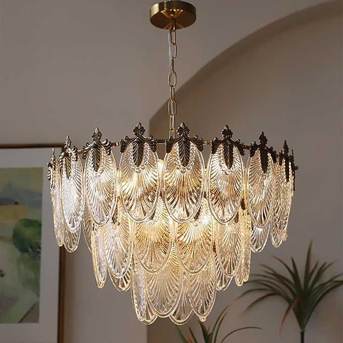 Antique Chandelier 3-Tier Glass Crystal Chandeliers, 9-Lights Gold Round Pendant Light 23.6" Brushed Brass Adjustable Height, Applicable to Dining Room, Bedroom, Living Room, Foyer, Kitchen