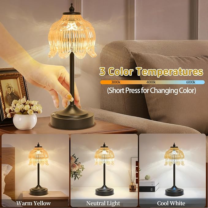 Cordless Table Lamp, Rechargeable Amber Glass Lotus Flower Lamp | 5200mAh touch lamp with 3 color modes and stepless dimming, battery operated lamp for nightstands and kitchen counters