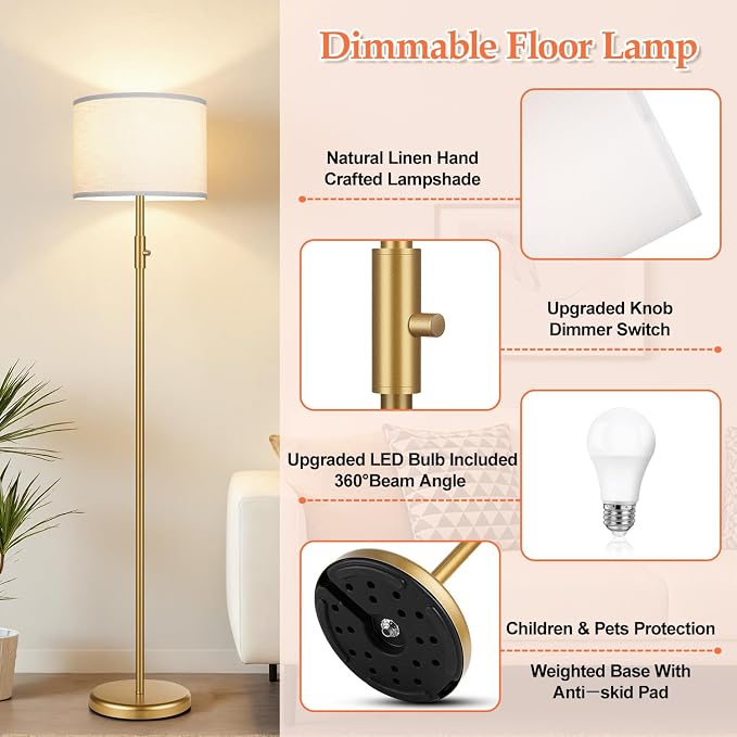 【Upgraded】 Dimmable Gold Floor Lamps for Living Room, 9W LED Bulb Included, Modern Standing Lamp with White Lamp Shade, Tall Pole Light for Bedroom Reading Office Corner Nursery